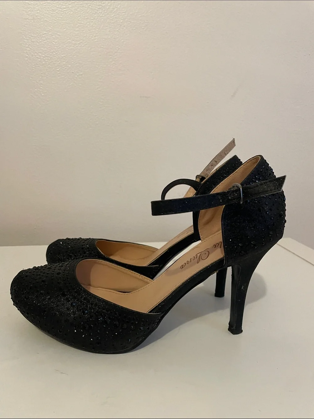 Black Rhinestone Ankle-Strap Platform Heels